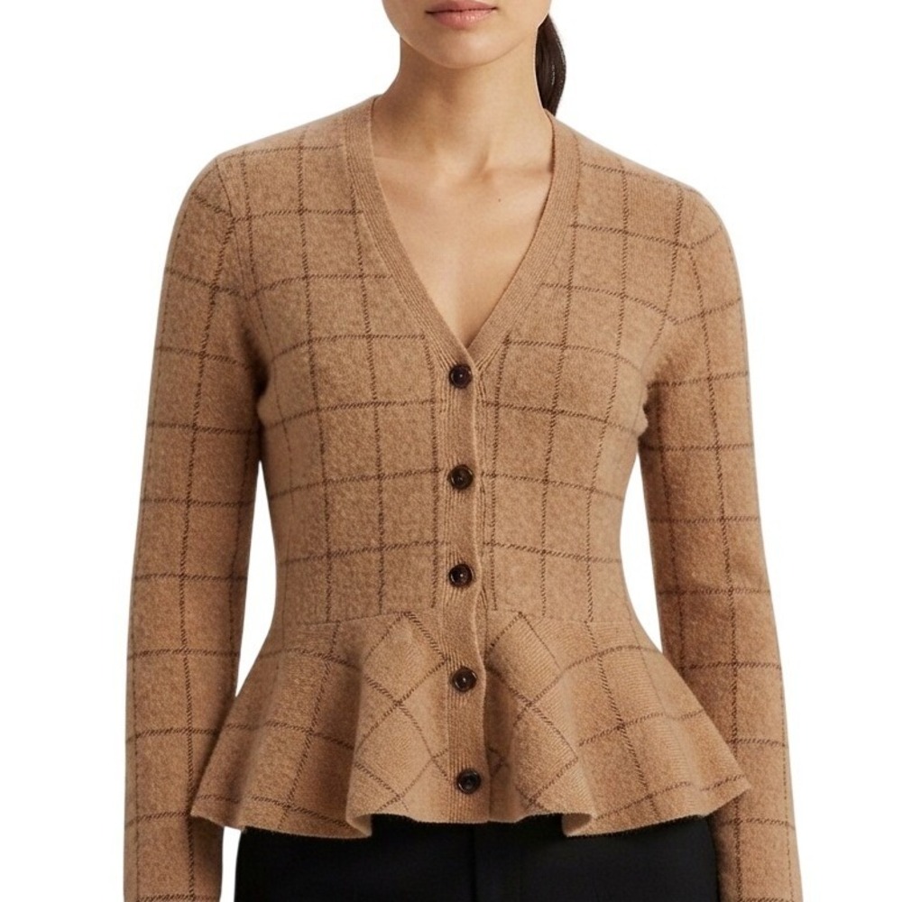 Lauren Ralph Lauren 100% Lambswool Cardigan Women XL Tan Plaid Peplum
